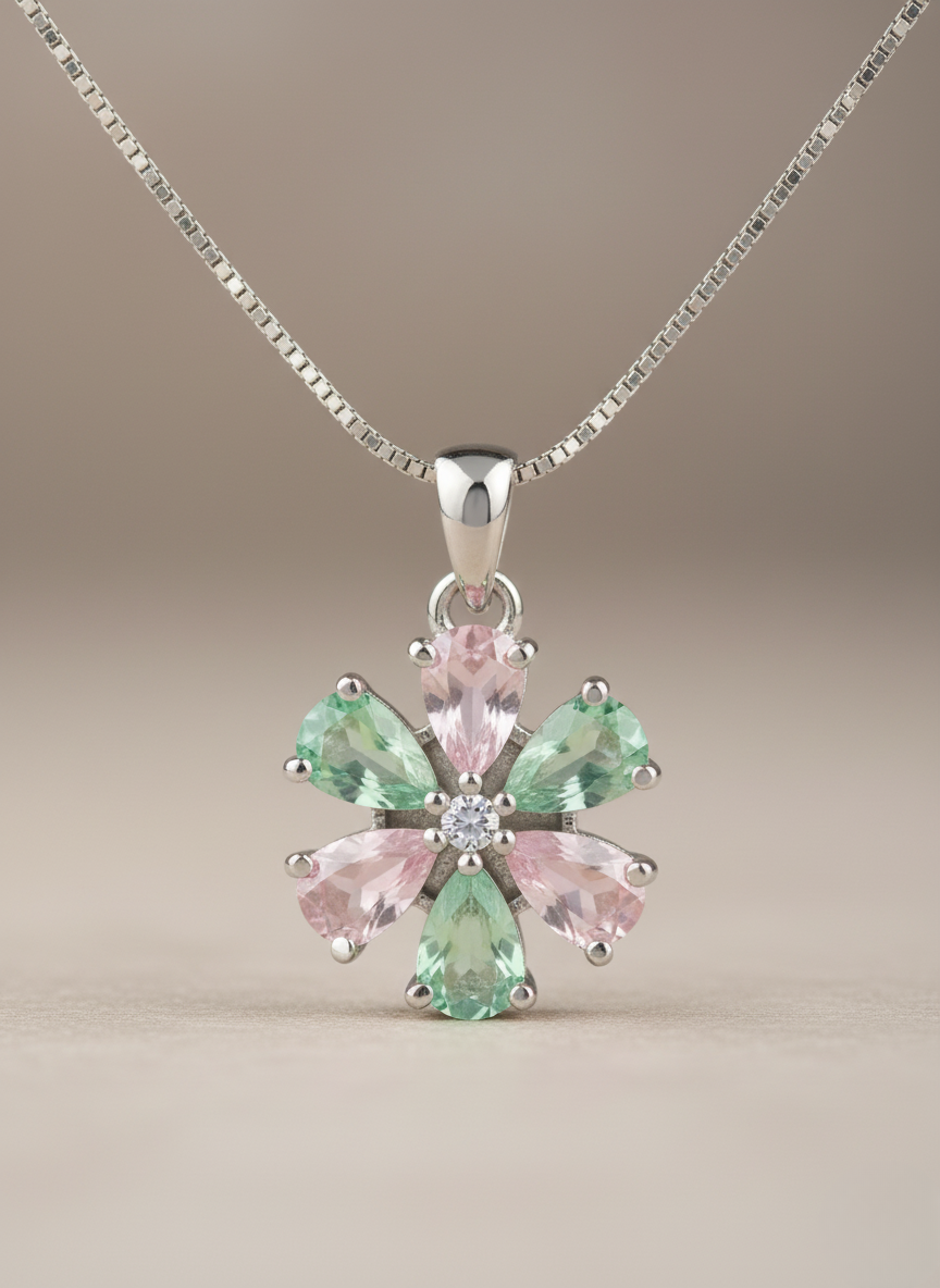 Ratmanee Blossom Pendant Necklace – Pink & Green Crystal Flower in Sterling Silver