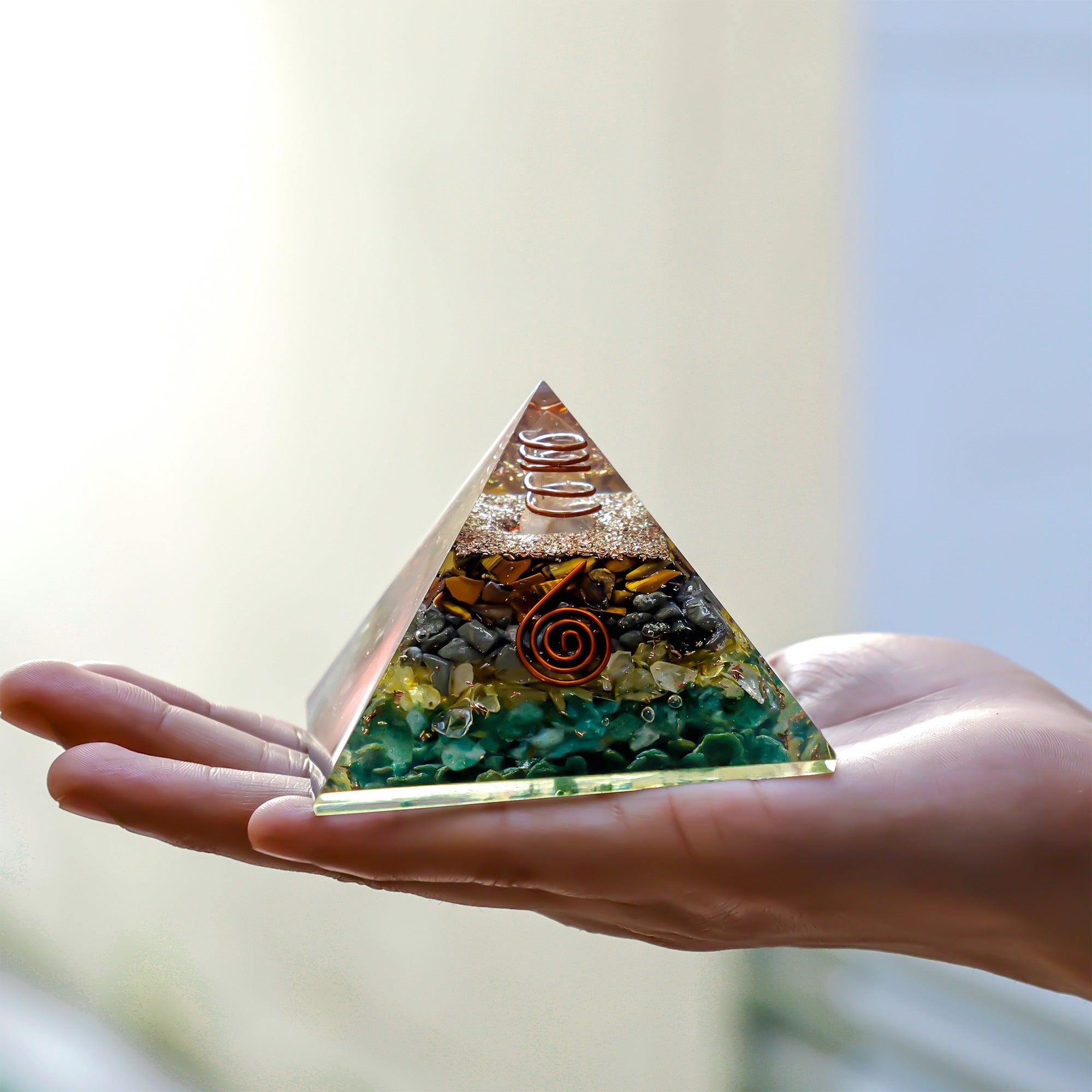 Money Magnet Pyramid with Pyrite, Tiger Eye, Citrine and Aventurine Stones