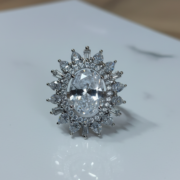 Oval Crystal Halo Ring Luxury Silver Statement Cocktail Jewellery