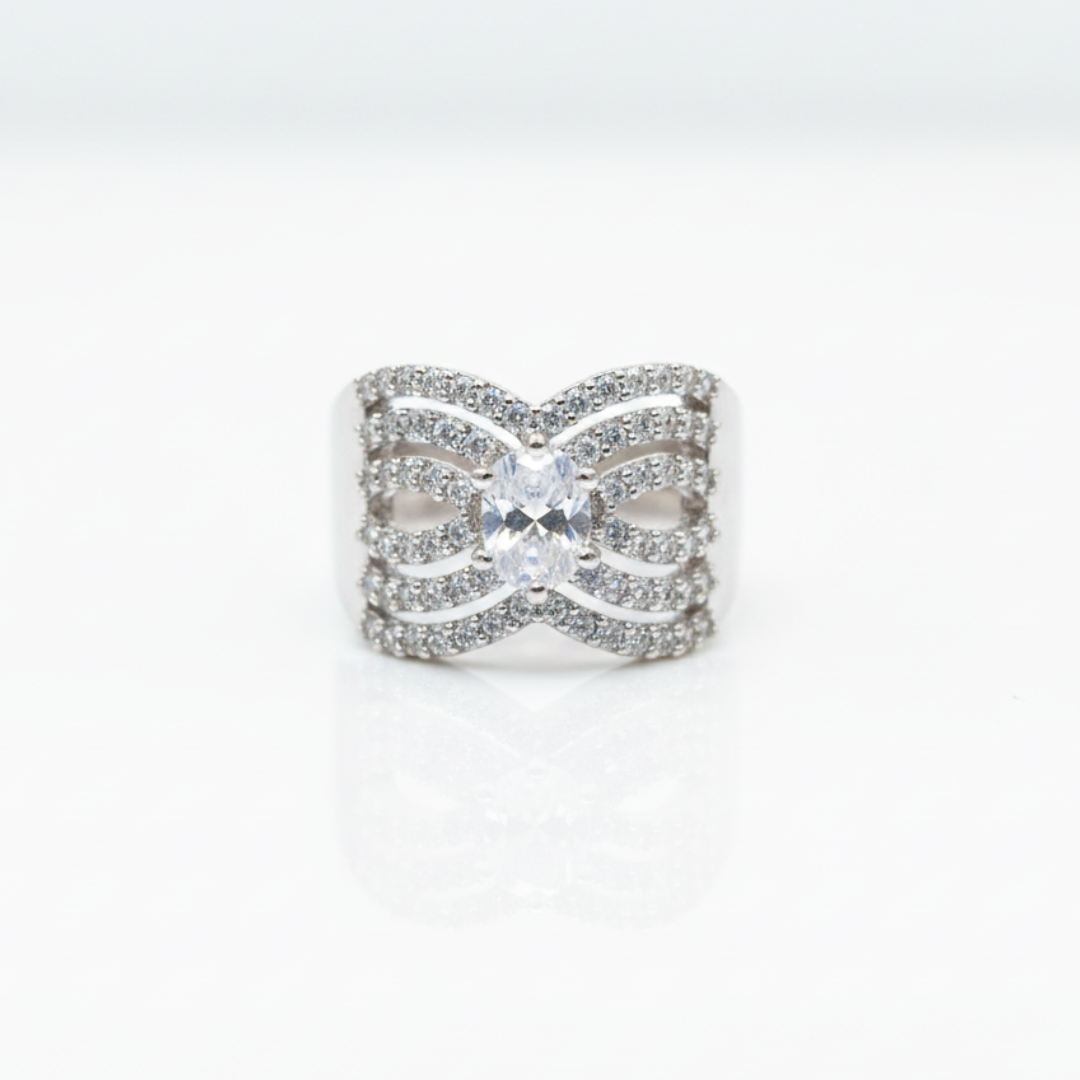 Silver Swirl Crystal Ring Elegant Statement Women’s Cocktail Jewellery