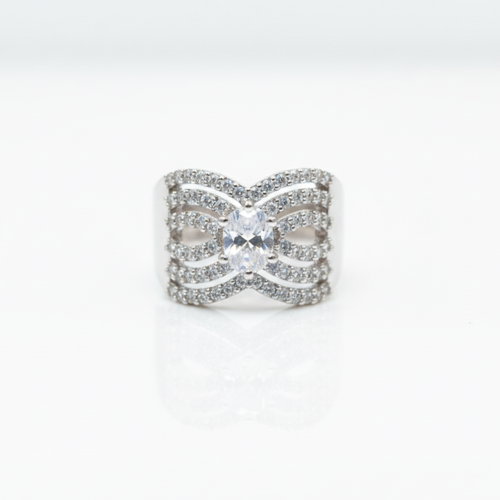 Silver Swirl Crystal Ring Elegant Statement Women’s Cocktail Jewellery