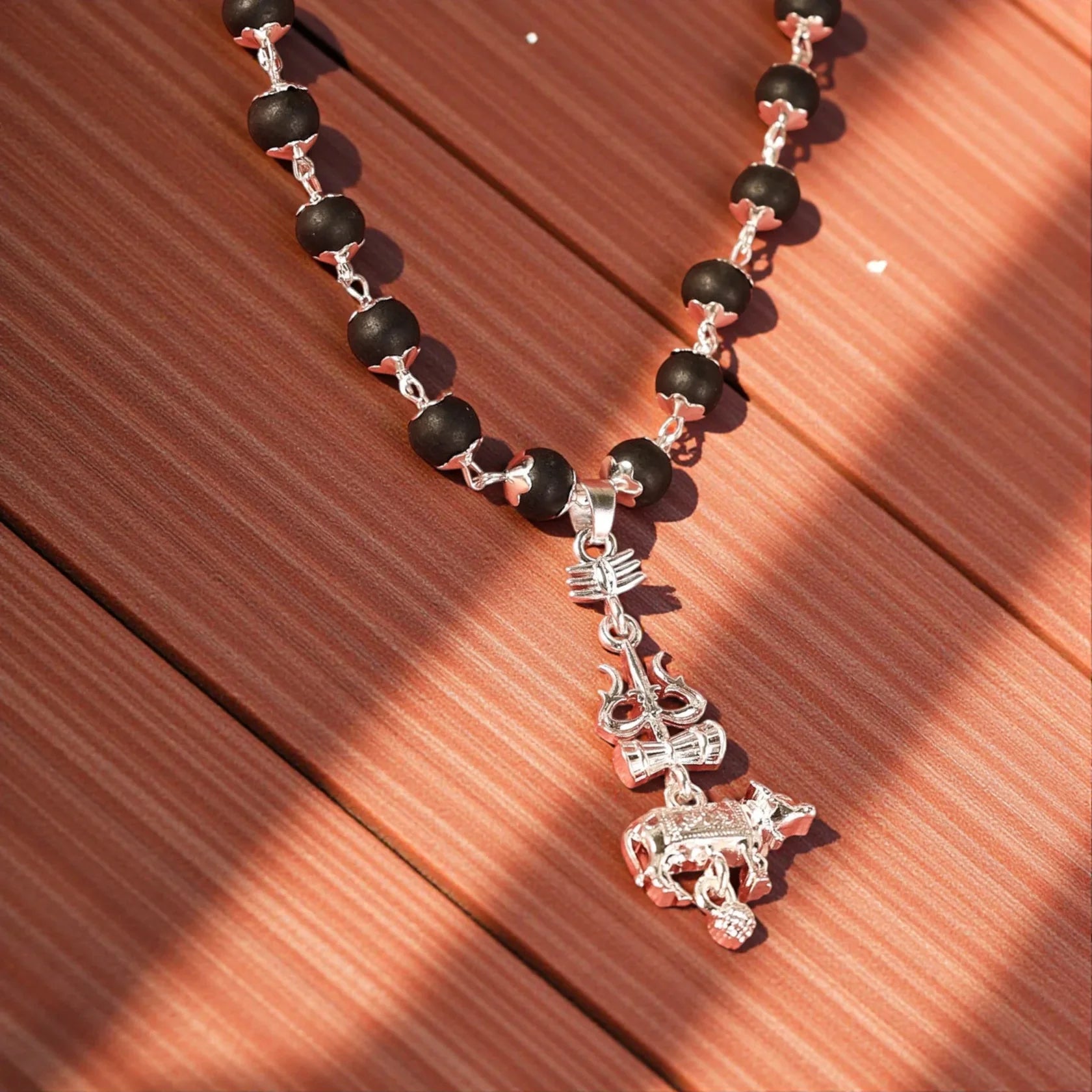 Karungali Bead Mala with Trishul & Nandi Silver Pendant | Divine Shiva Protection Necklace