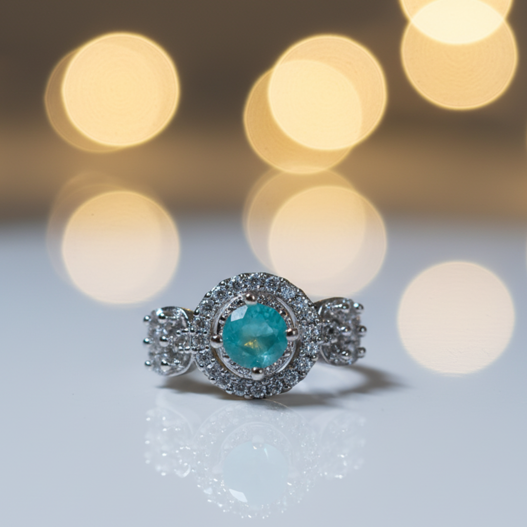 Teal Halo Crystal Ring Elegant Silver Statement Cocktail Jewellery