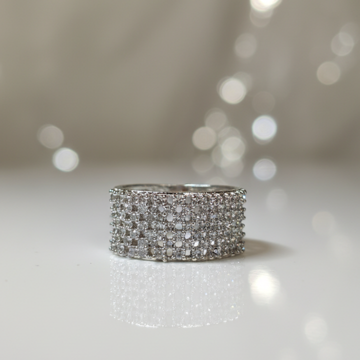 Silver Crystal Pave Band Ring Elegant Wide Statement Women’s Jewellery