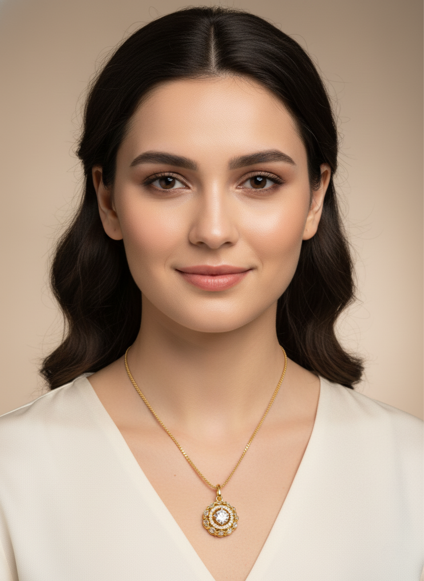 Ratmanee Eternal Light Necklace – Gold Round Pendant with Shimmering Crystal