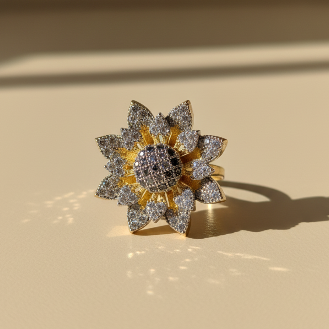 Sunflower Crystal Ring Gold Statement Floral Cocktail Jewellery
