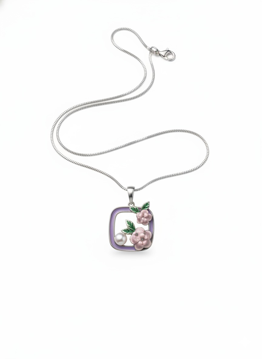 Ratmanee Lavender Bloom Pendant – Silver Necklace with Pearl and Enamel Flowers
