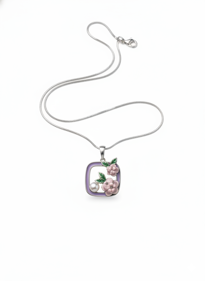 Ratmanee Lavender Bloom Pendant – Silver Necklace with Pearl and Enamel Flowers