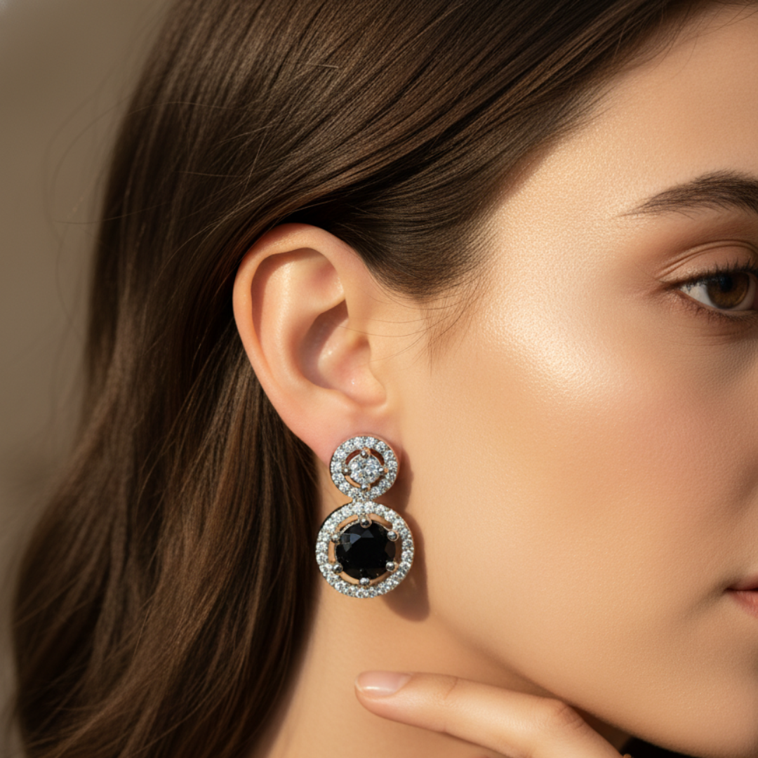 Black Crystal Halo Earrings Elegant Silver Statement Stud Drop Jewellery