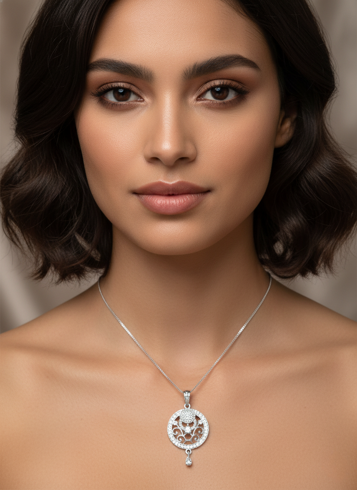 Ratmanee Silver Empress Pendant – Royal Round Necklace with Crystal Detailing