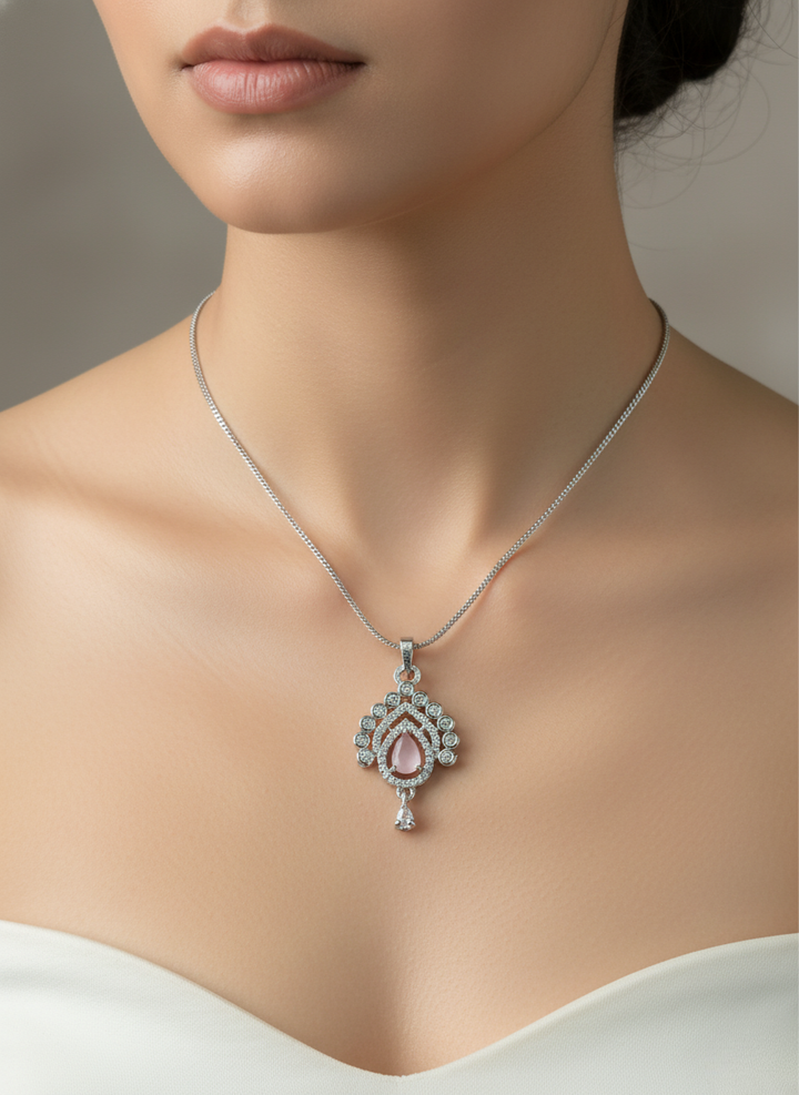 Ratmanee Silver Royale Pendant – Pink Teardrop Gem Necklace with Crystal Accents