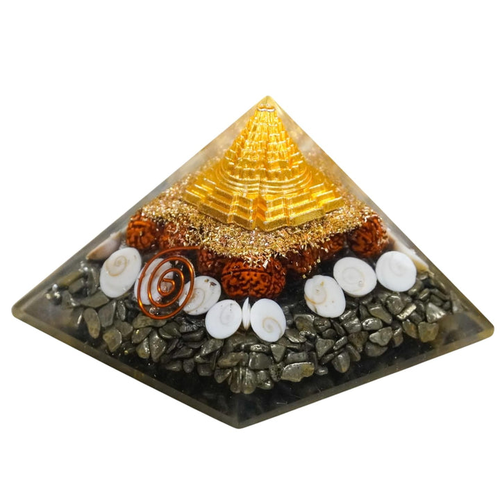 Dhanlabh Pyramid with Shree Yantra, Rudraksha, Gomti Chakra & Pyrite