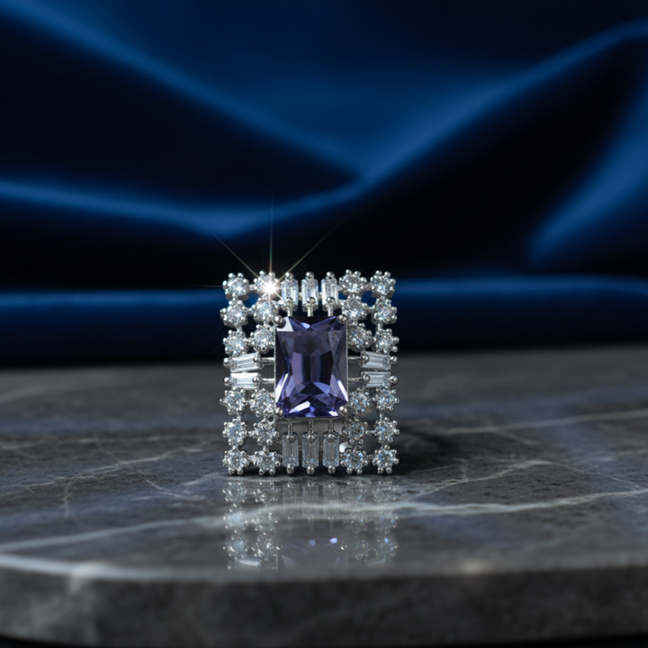 Violet Crystal Halo Ring Luxury Silver Cocktail & Statement Jewellery