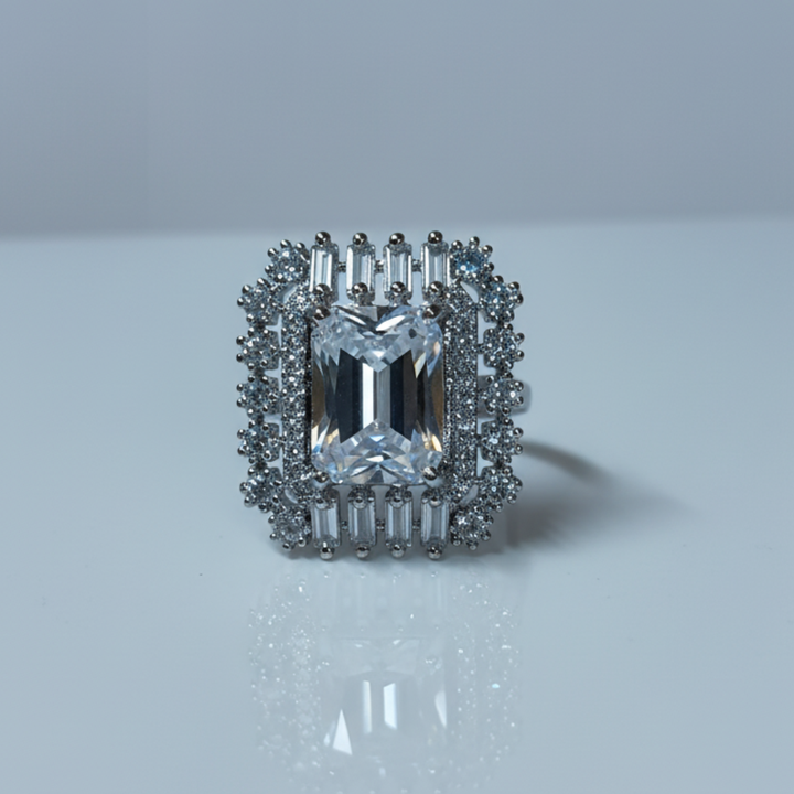 Emerald-Cut Crystal Halo Ring Luxury Silver Cocktail Statement Jewellery