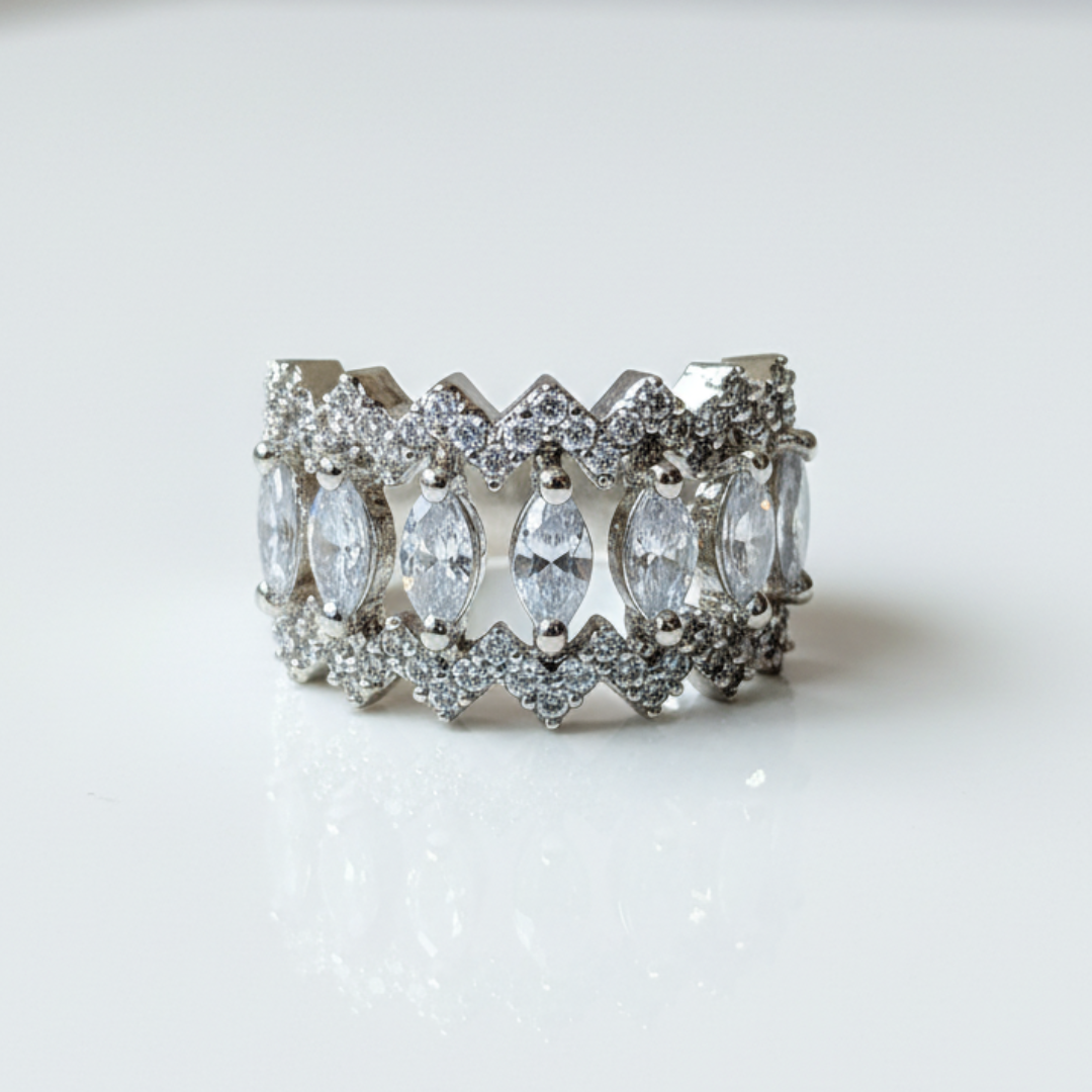 Marquise Crystal Eternity Band Elegant Silver Statement Women’s Ring