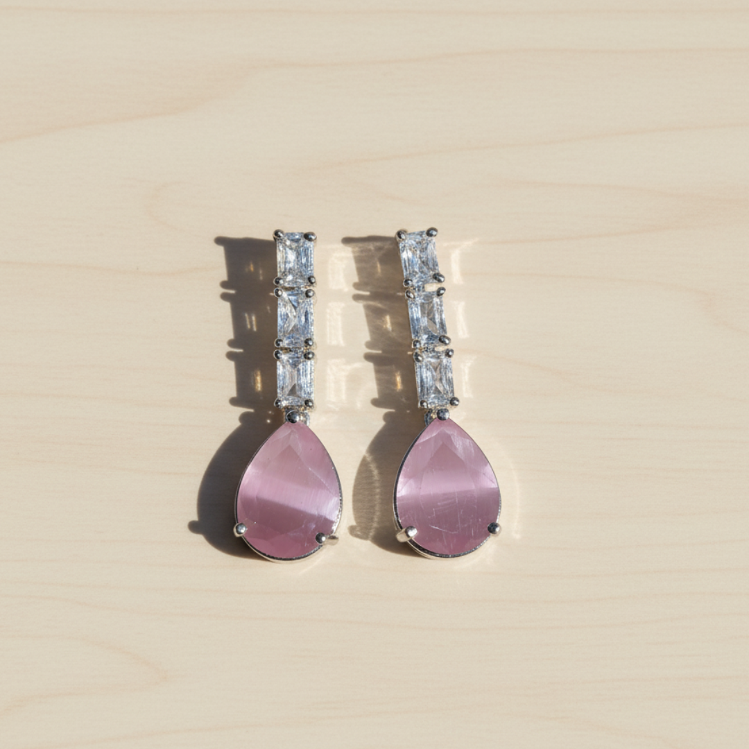 Pink Teardrop Dangle Earrings Elegant Crystal Silver Drop Earrings