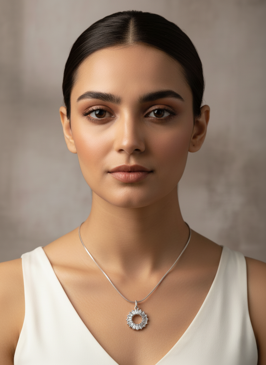 Ratmanee Silver Radiant Circle Pendant – Sparkling Round Necklace with Crystal Detailing