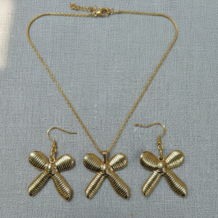 Gold Bow Jewellery Set Elegant Necklace & Earrings for Women