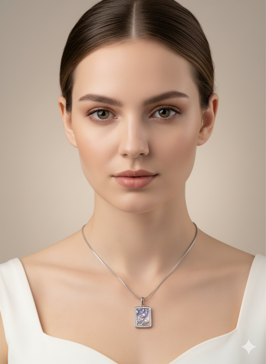 Ratmanee Silver Grace Pendant – Rectangular Necklace with Pearls and Crystal Frame