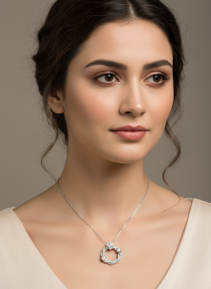 Ratmanee Silver Radiance Pendant – Twisted Circle Necklace with Sparkling Crystals