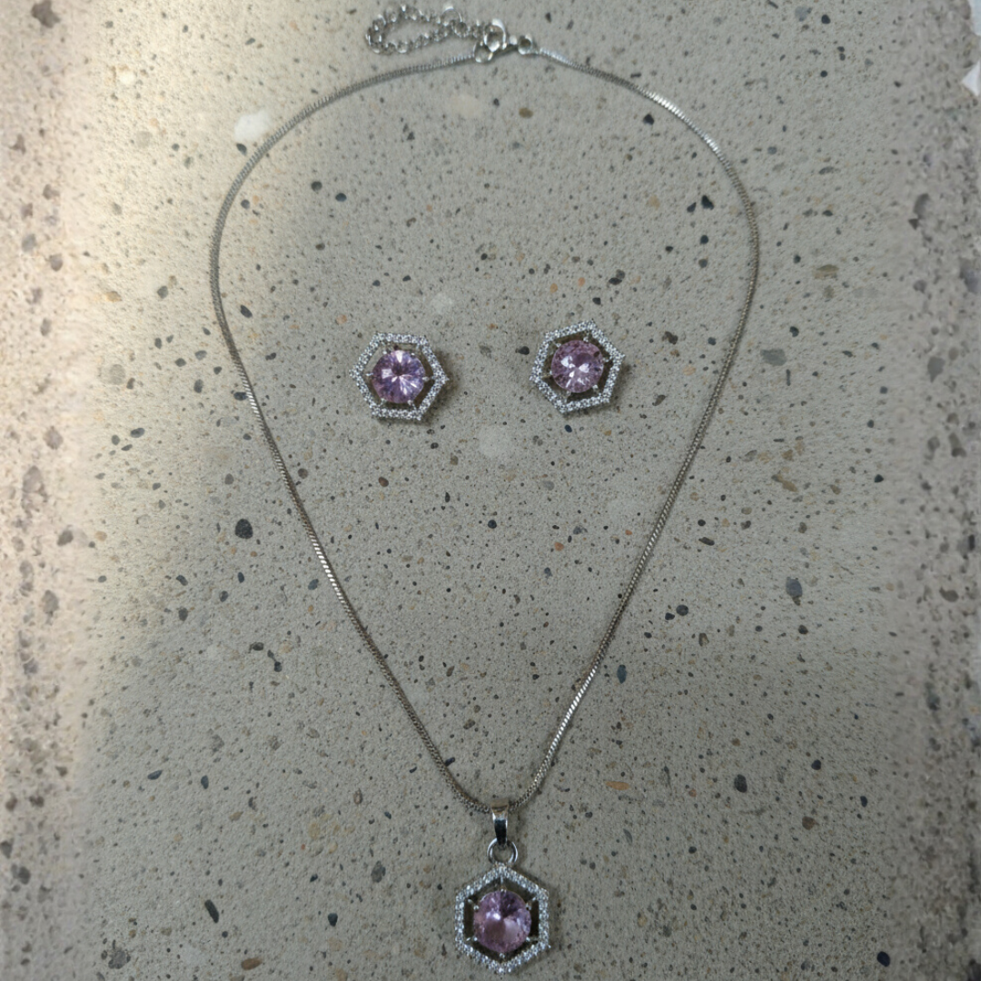 Hexagon Lavender Stone Jewellery Set Silver Pendant & Earrings for Women
