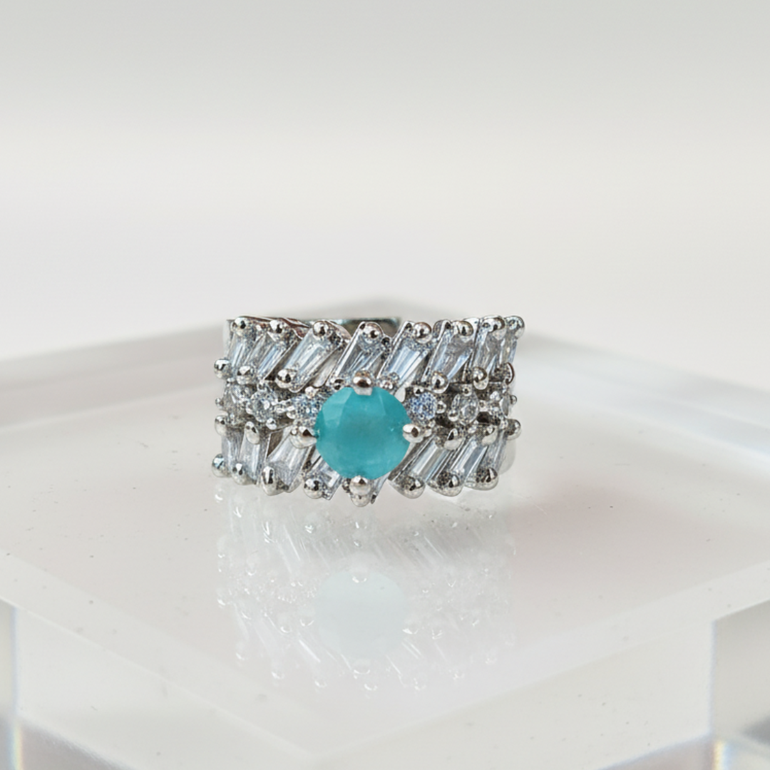 Turquoise Baguette Crystal Ring Silver Wide Band Statement Jewellery