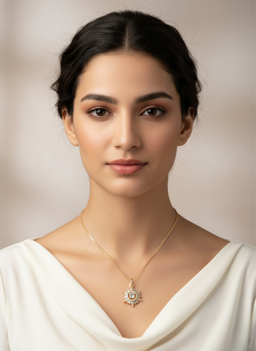 Ratmanee Sun Aura Pendant – Gold Necklace with Radiant Crystal Center