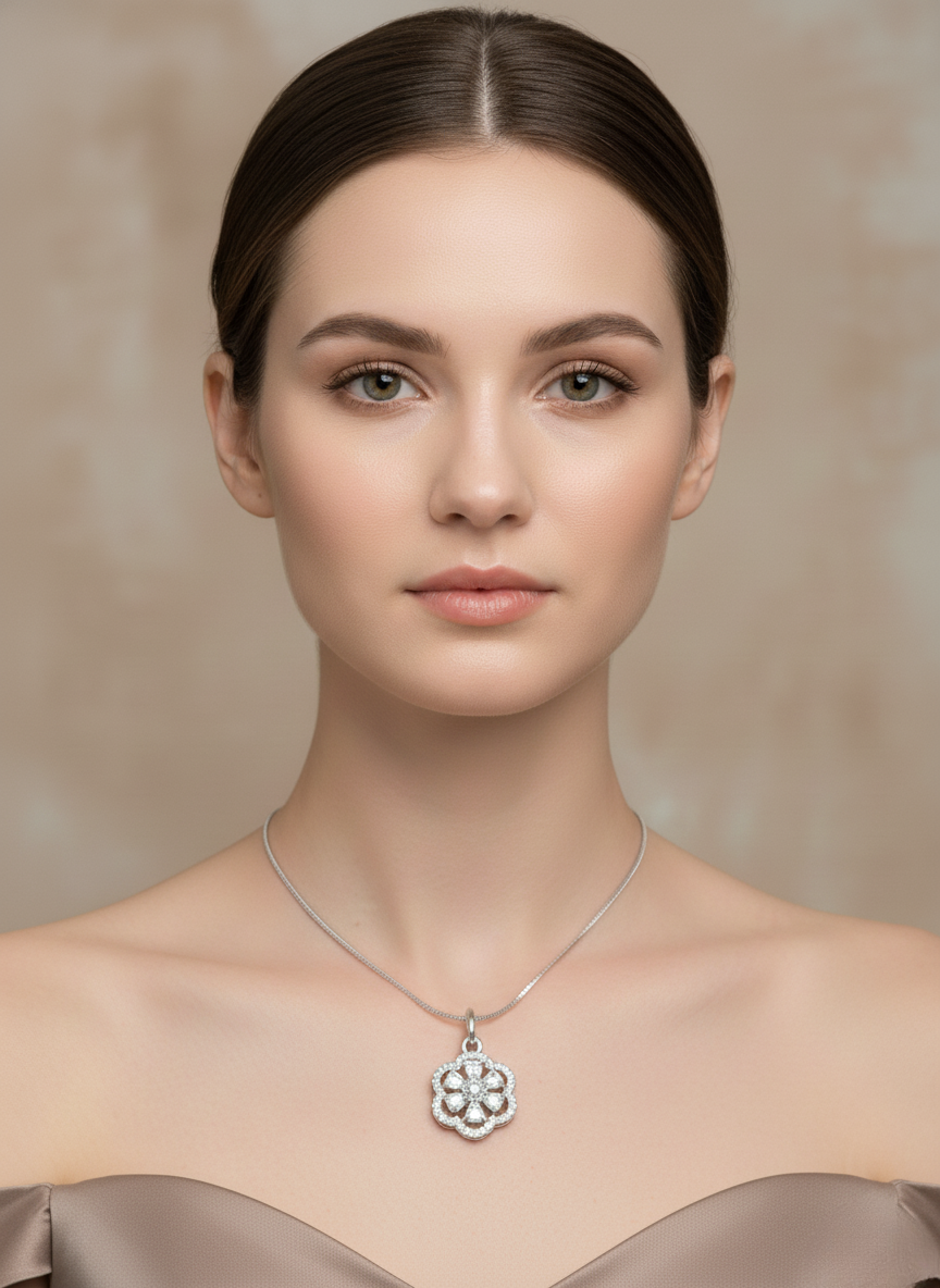 Ratmanee Crystal Flower Necklace – Simple Silver Pendant for Everyday Elegance