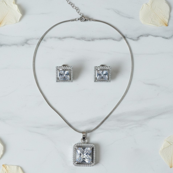Elegant Square-Cut Silver Necklace & Earring Set |Sparkling CZ Jewellery Gift