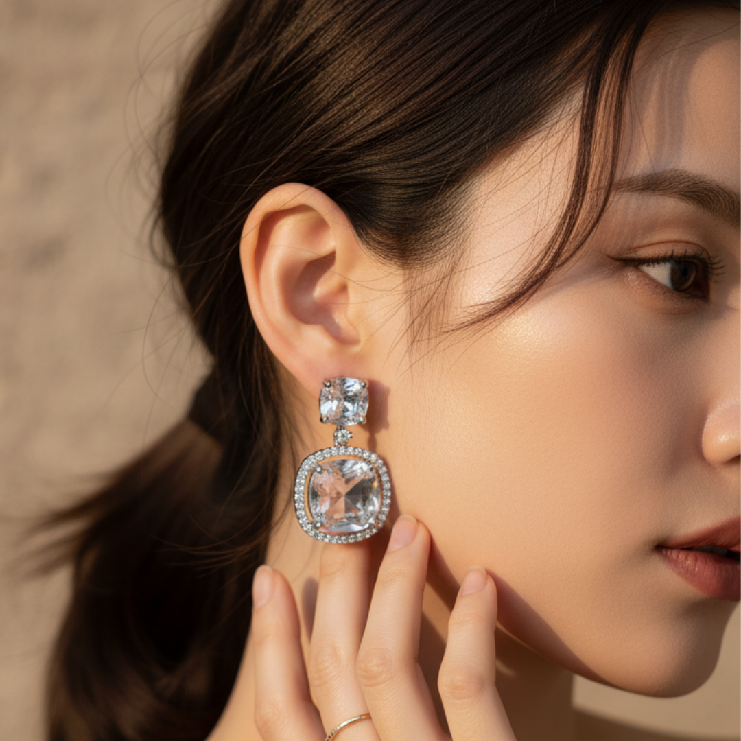 Silver Cushion-Cut Dangle Earrings Sparkling Crystal Statement Jewellery