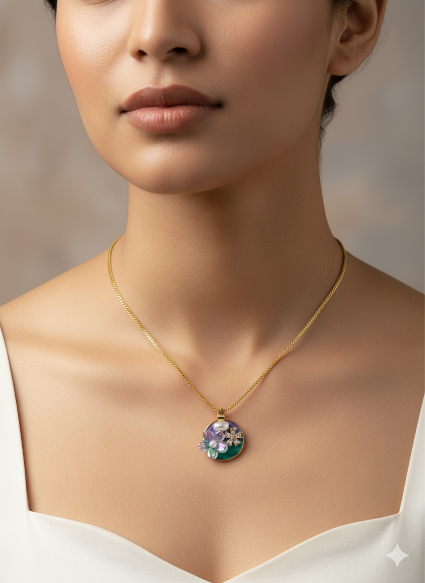 Ratmanee Garden Bloom Necklace – Artistic Gold Pendant with Pearl and Enamel Flowers
