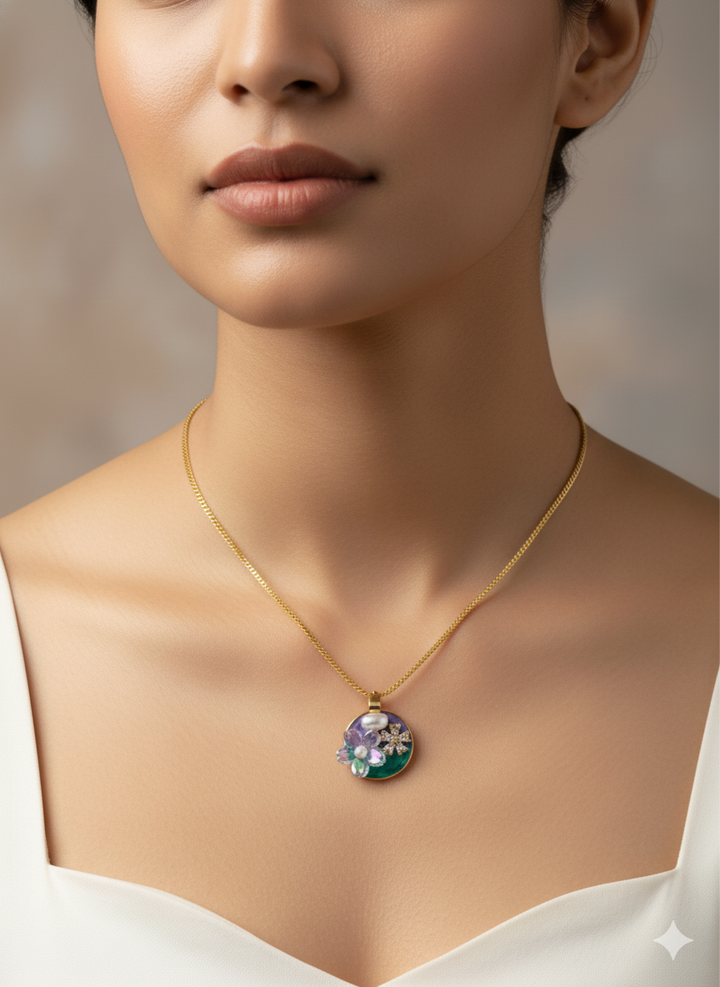 Ratmanee Garden Bloom Necklace – Artistic Gold Pendant with Pearl and Enamel Flowers