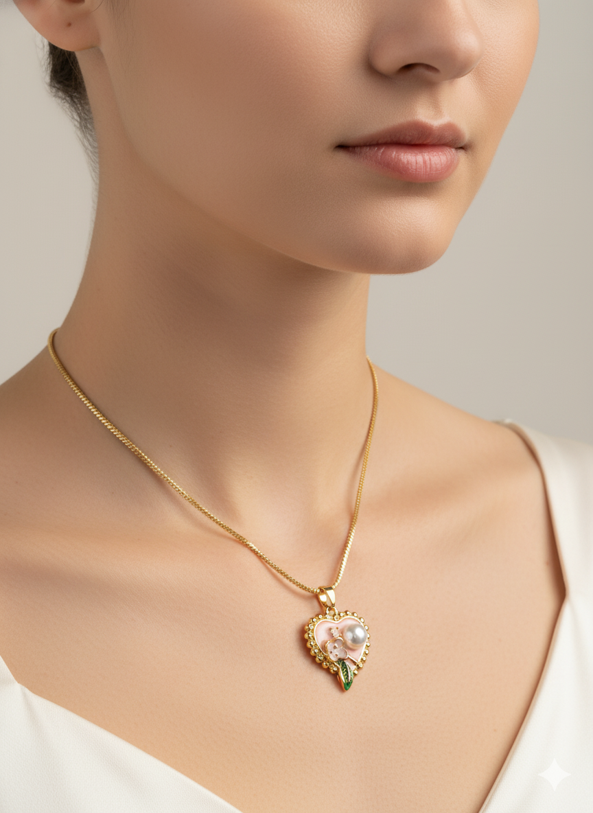 Ratmanee Heart Pearl Pendant – Gold Necklace with Enamel Flower and Leaf Design