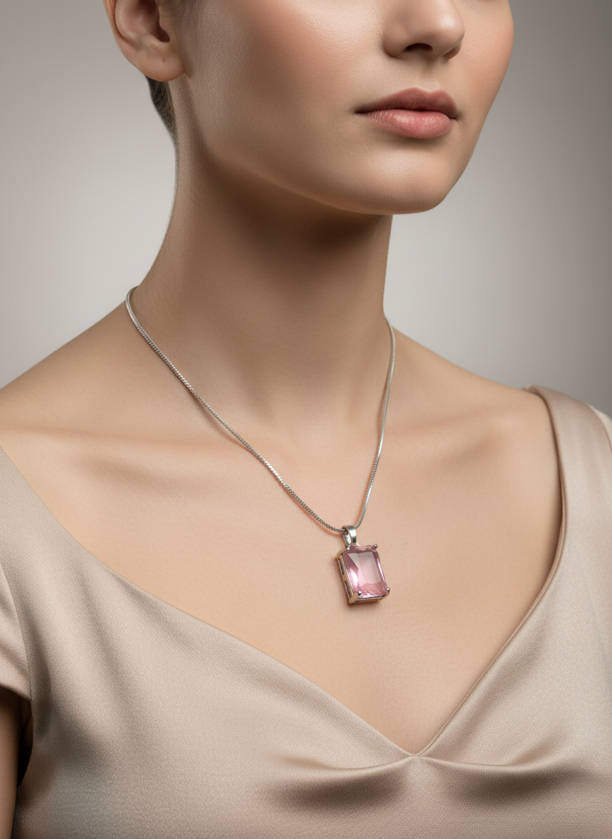 Ratmanee Pink Luxe Pendant – Sterling Silver Necklace with Emerald-Cut Crystal