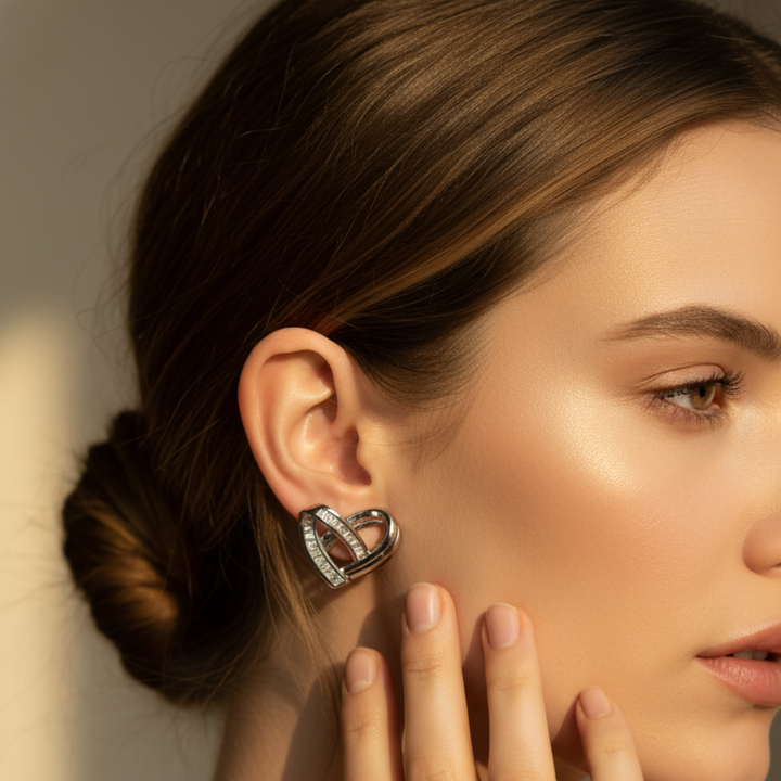 Silver Heart Stud Earrings Elegant Crystal-Studded Romantic Earrings