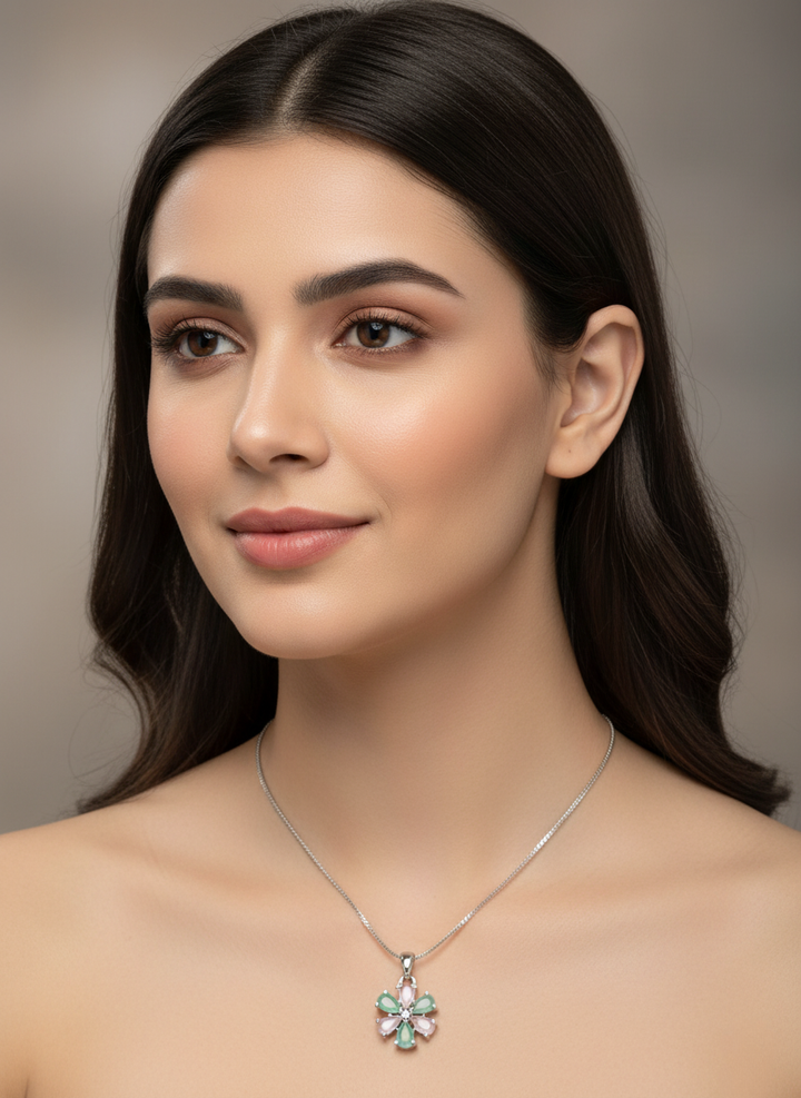Ratmanee Blossom Pendant Necklace – Pink & Green Crystal Flower in Sterling Silver