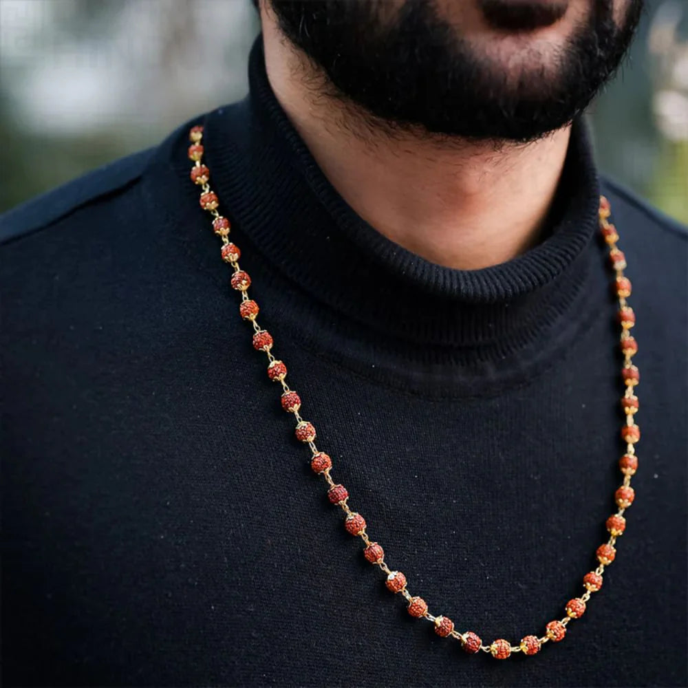 Natural Rudraksha Mala with Gold-Tone Link Chain | Premium Spiritual Necklace for Men & Women