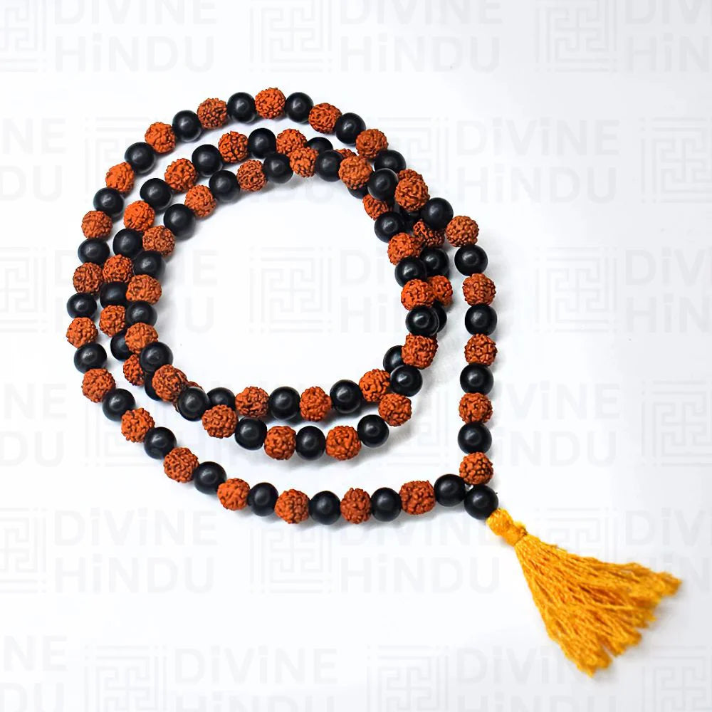 108 Beads Rudraksha & Black karingali Mala with Tassel | Spiritual Meditation Jap Mala