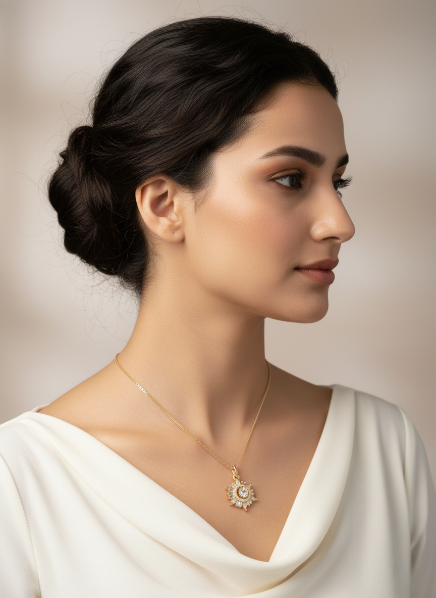 Ratmanee Sun Aura Pendant – Gold Necklace with Radiant Crystal Center