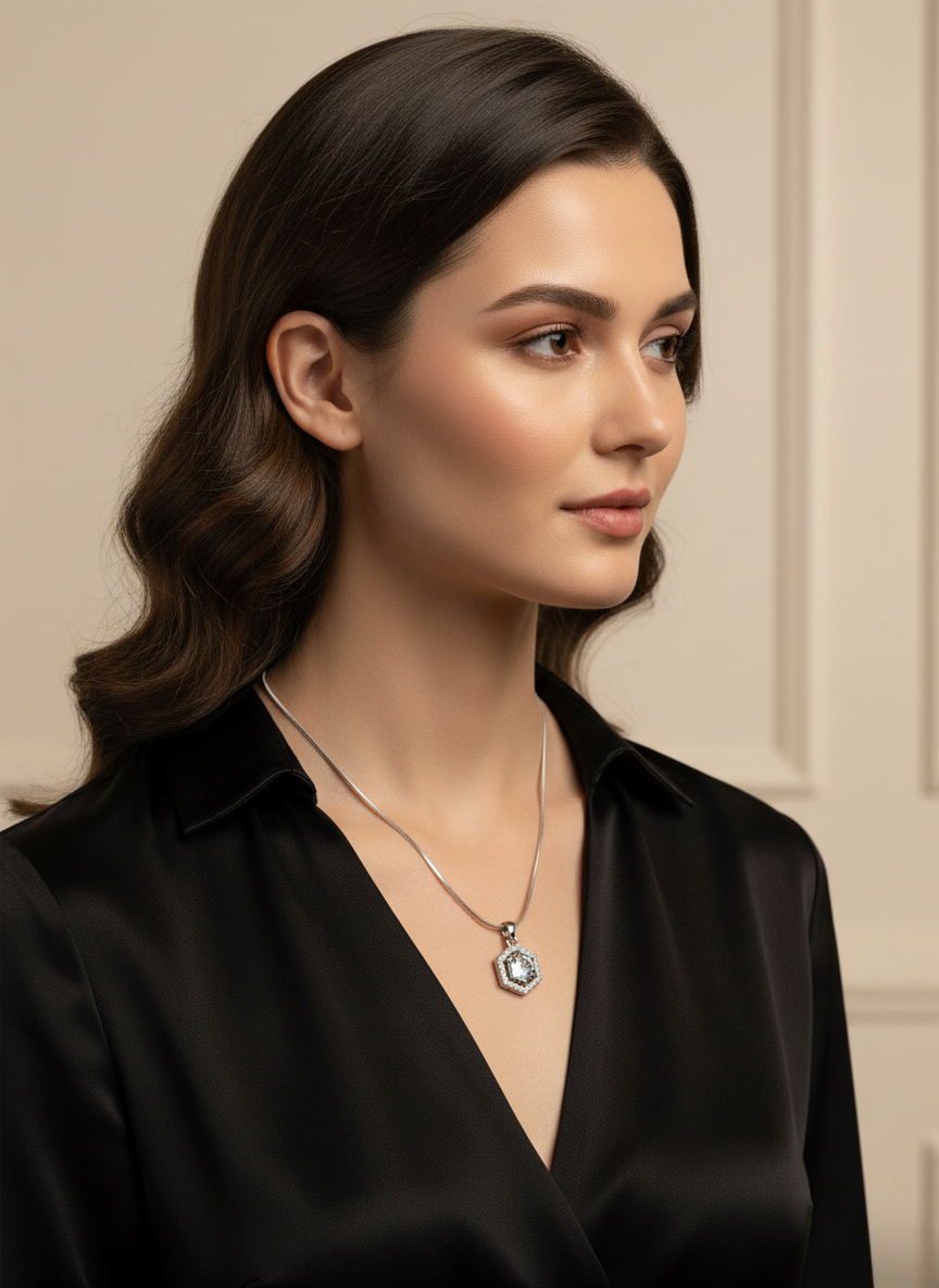 Ratmanee Silver Prism Necklace – Simple Hexagon Pendant with Crystal Center