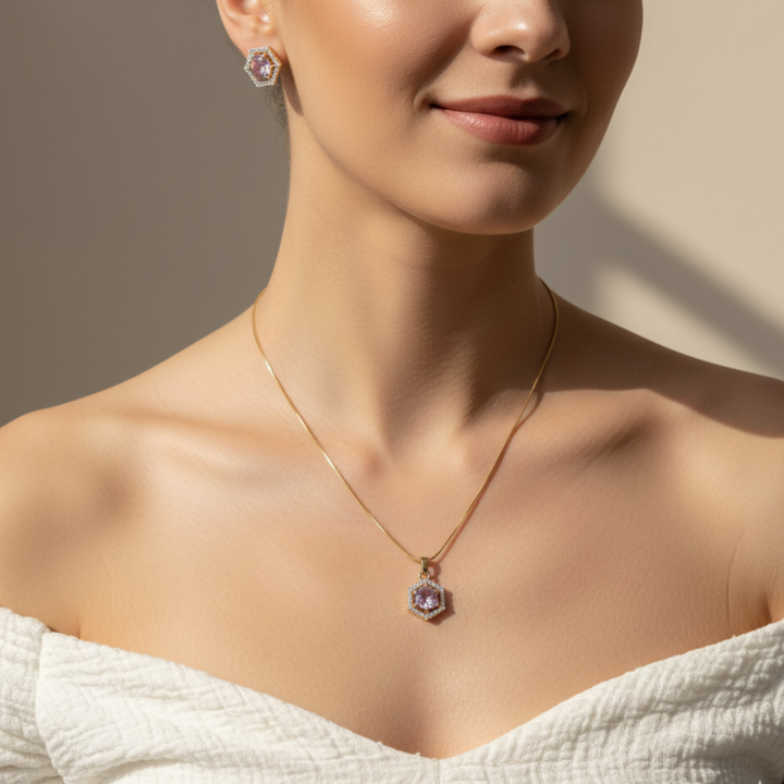 Hexagon Lavender Stone Jewellery Set Silver Pendant & Earrings for Women