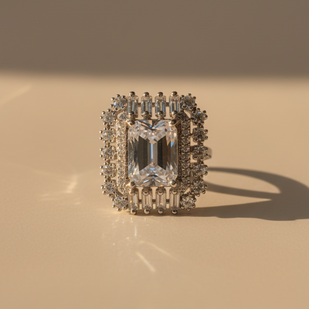 Emerald-Cut Crystal Halo Ring Luxury Silver Cocktail Statement Jewellery