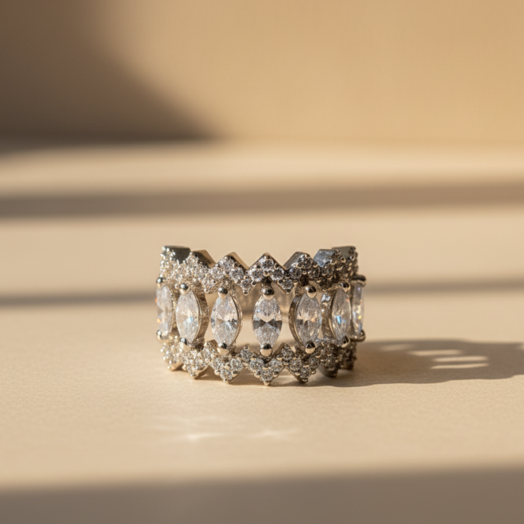 Marquise Crystal Eternity Band Elegant Silver Statement Women’s Ring