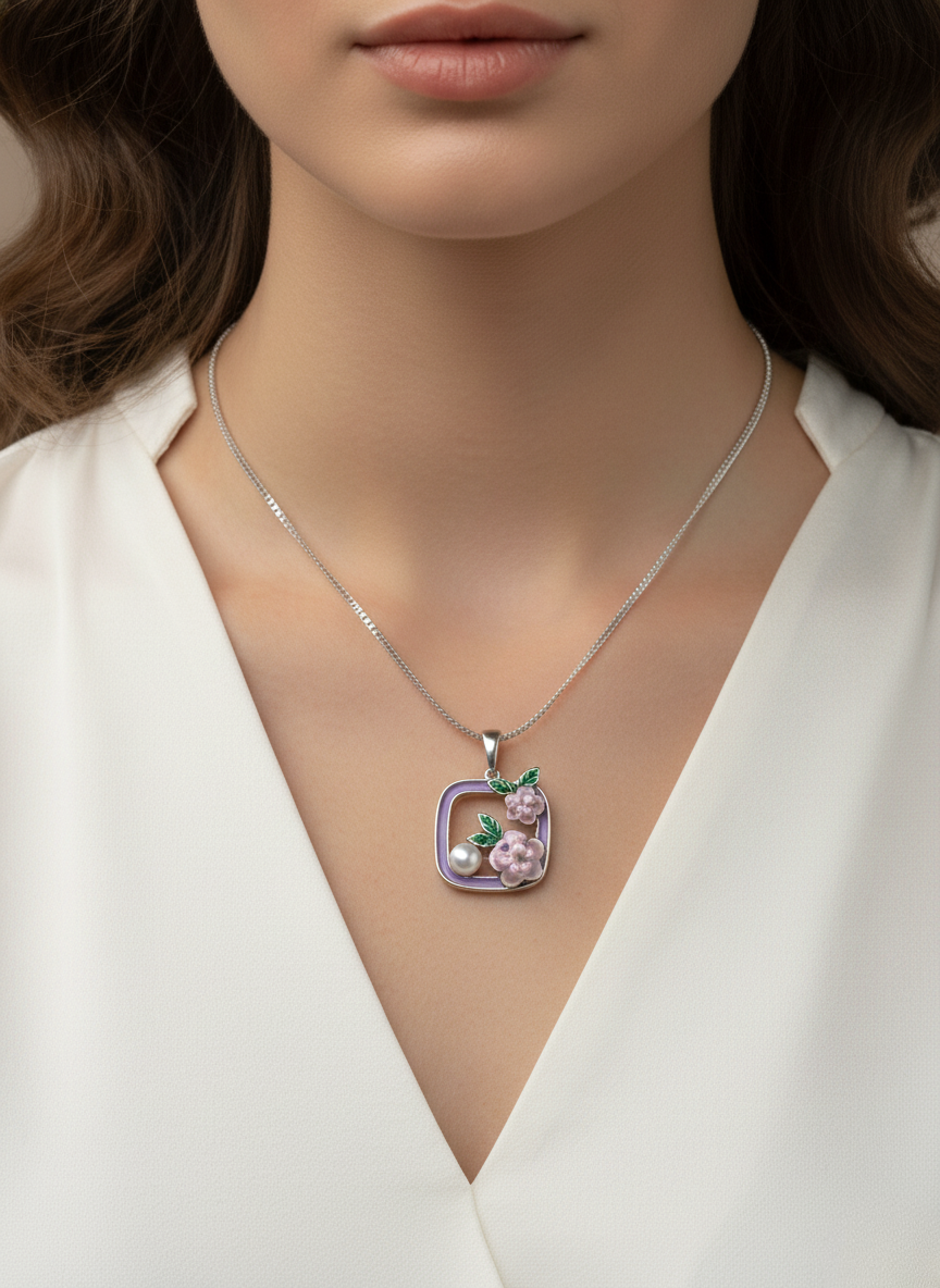 Ratmanee Lavender Bloom Pendant – Silver Necklace with Pearl and Enamel Flowers