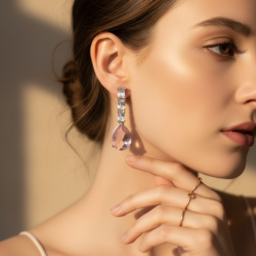 Pink Teardrop Dangle Earrings Elegant Crystal Silver Drop Earrings