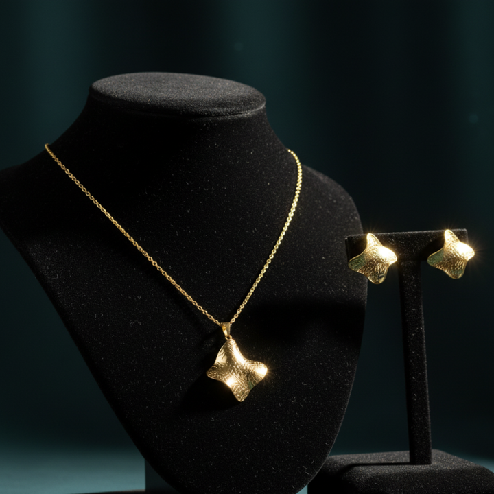Gold Textured Star Jewellery Set Stylish Necklace & Earrings for Women