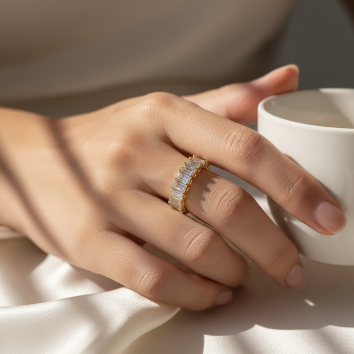 Gold Baguette Crystal Band Ring Elegant Everyday Stackable Jewellery