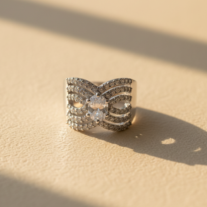 Silver Swirl Crystal Ring Elegant Statement Women’s Cocktail Jewellery