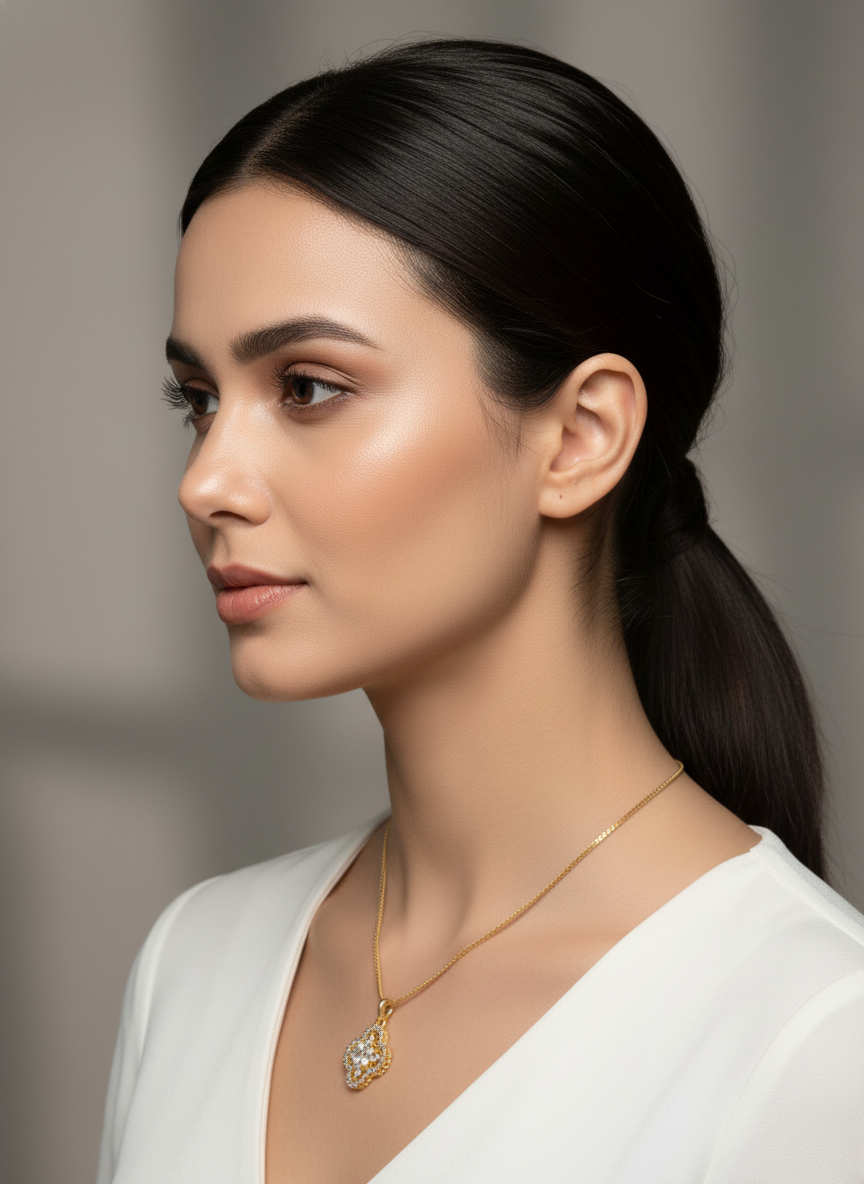 Ratmanee Golden Clover Pendant – Elegant Gold Necklace with Crystal Flower Center