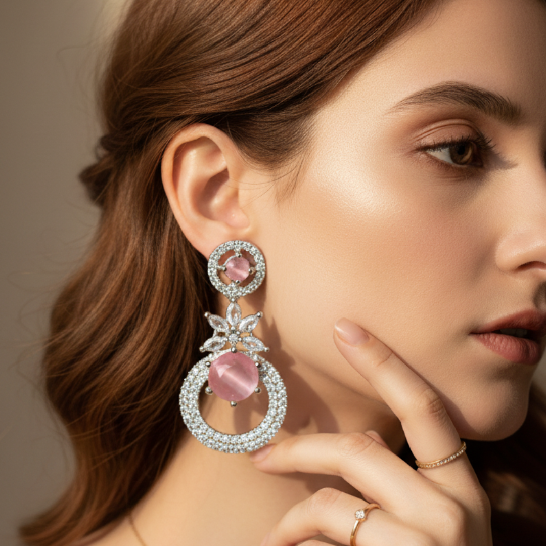 Pink Crystal Statement Earrings Luxury Silver Bridal & Party Jewellery